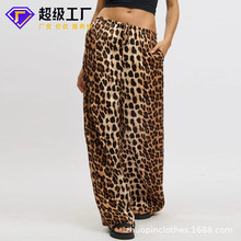 卓品服饰定制外贸欧美风豹纹阔腿裤高腰系带宽松休闲垂感拖地长裤