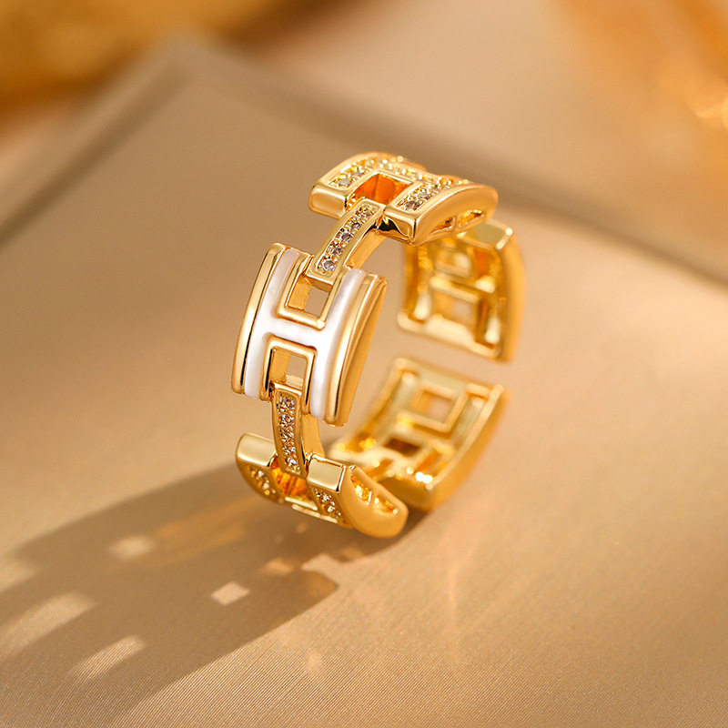 H 글자 쉘 지르콘 오픈 링--골드