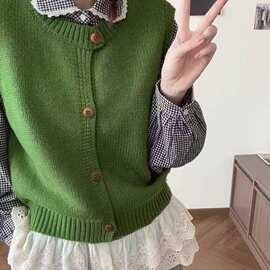 2025新款韩系小个子针织学院风女叠穿马甲开衫背心毛衣女款上衣