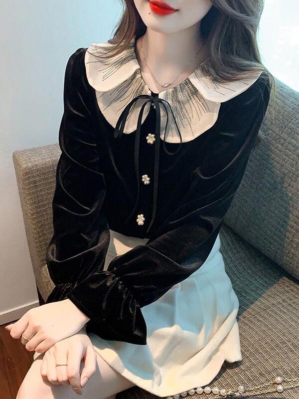 plus size Women's 2024 Early Autumn New Doll Collar Sense Shirt Fat Sister Slim Flesh Covering Golden Velvet Top plus size Women's 2024 Early Autumn New Doll Collar Sense Shirt Fat Sister Slim Flesh Covering Golden Velvet Top