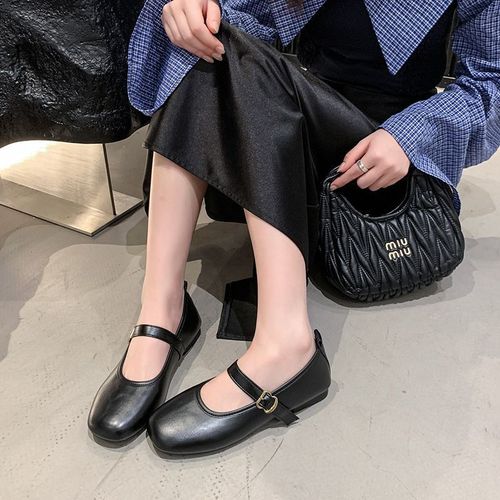 Spring New French Square Head Elegant Flat Slip-On Retro Slim Open-Toe Leather Shoes Soft Sole Mary Jane Shoes