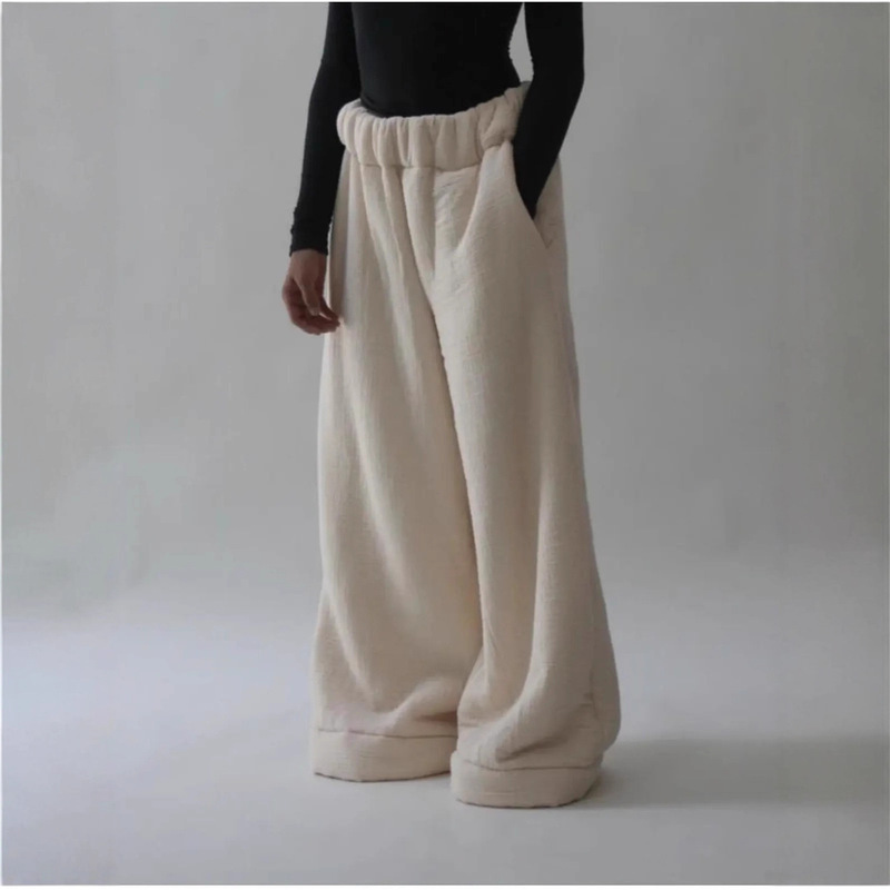 Cross-Border Women's Winter New Arrivals Warm Lamb Wool Simple Y2K Street Fashion Loose Wide-Leg Pants with Pockets Long Pants