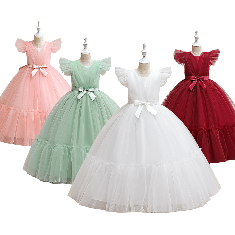 Transfronterizo nuevo medio y grande vestido de los niños vestido de princesa pequeña manga voladora malla mullido vestido traje de host en stock