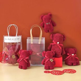 Bear Towel Square Towel Souvenir Red Wedding Birthday Happy Shop Full Moon Return Gift Holiday Event Gift