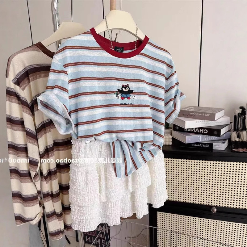 Extra Large Size 120kg Versatile Round Neck Penguin Embroidery Striped Short Sleeve T-Shirt for Women, Loose Casual Simple Top for Summer