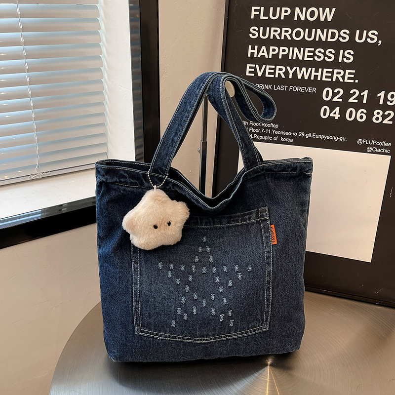 Trendy Fashion Five-Pointed Star Denim Bag for Women, Large Capacity Casual Student Shoulder Bag, Shopping Commuting Versatile Tote Bag Trendy Fashion Five-Pointed Star Denim Bag for Women, Large Capacity Casual Student Shoulder Bag, Shopping Commuting Versatile Tote Bag