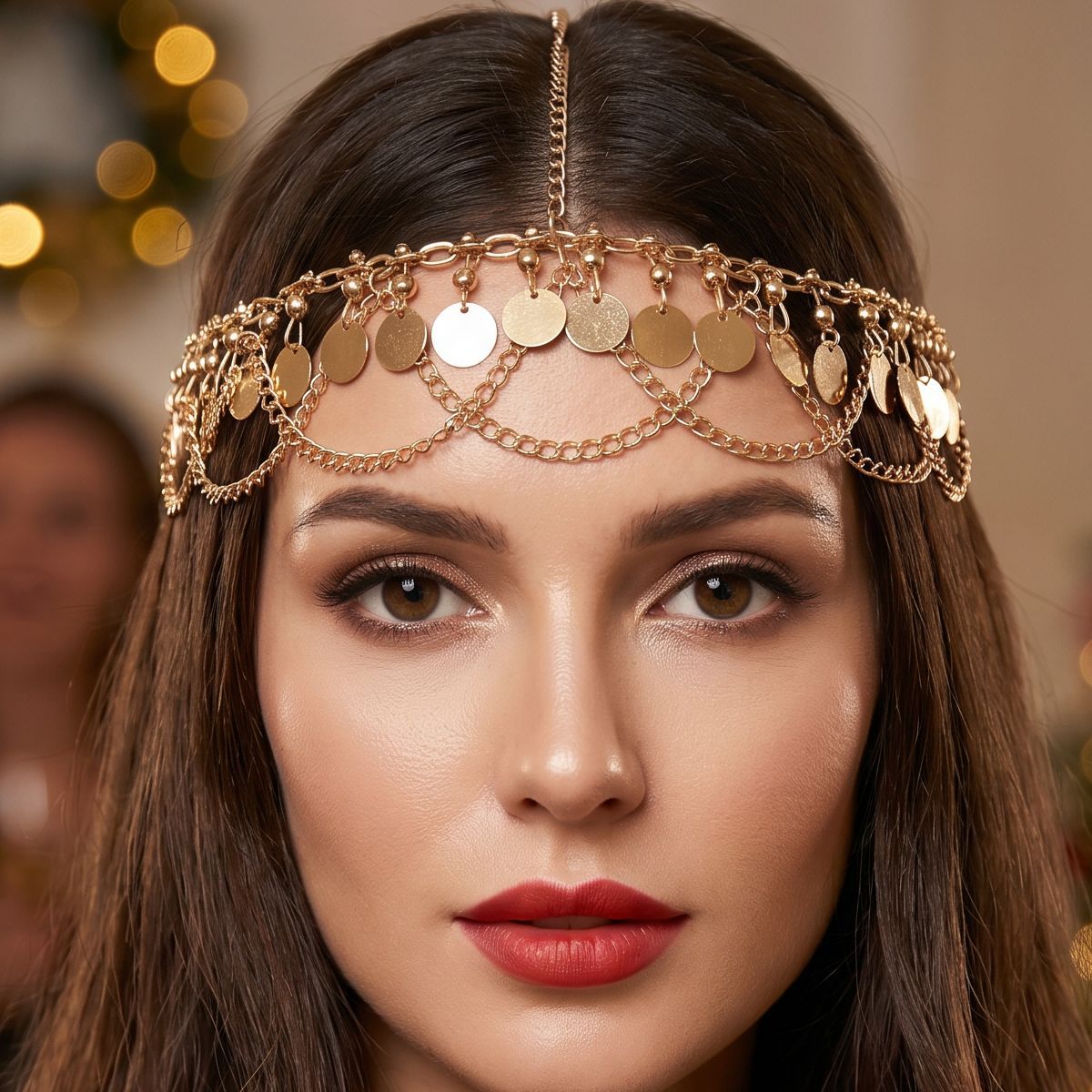 New cross-border head accessory, European and American fashion, gold geometric sequin chain tassel head chain, women's party head decoration