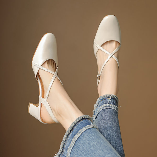 Sandal cao gót nữ mũi nhọn quai chéo buộc dây, gót vuông ổn định — màu trắng ngà