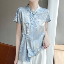 夏季新中式旗袍立领T恤短袖女轻奢缎面国风休闲质感提花显瘦T恤女