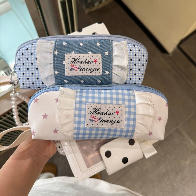 Korean-Style Ins-Style Lace Pencil Case with Blue and White Plaid Polka Dots, High-Value Stationery Storage Bag for Students