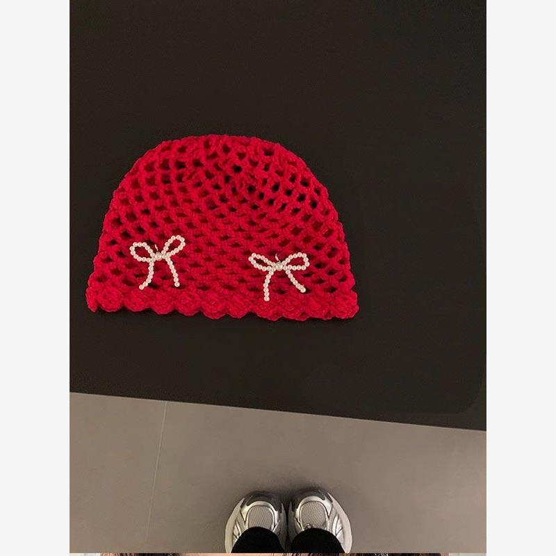 분위기 한국 여성 진주 활 수제 할로우 니트 울 모자 유행 여성 유행 가방 헤드 모자 작은 얼굴