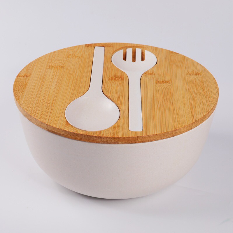 Amazon's Best-Selling Environmentally Friendly Bamboo Fiber Salad Bowl with Bamboo Lid and Fork Spoon Patented Design Multi-Functional Simple Salad Bowl