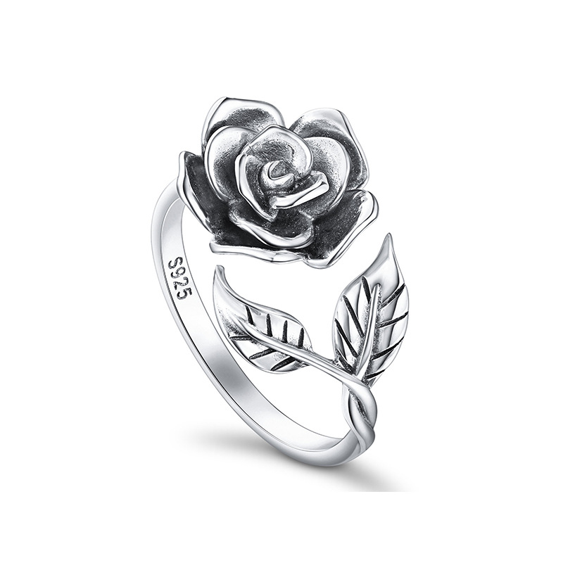 Europa y América transfronteriza nuevo anillo de rosas retro de plata de ley 925 personalidad femenina joyería a mano salvaje regalo de San Valentín