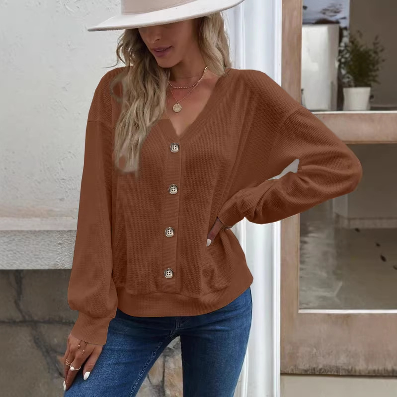 Europea y americana transfronteriza 2023 Otoño e Invierno Amazon TEMU Comercio exterior nuevo color sólido botón cuello en V suelta manga larga Camiseta ropa de mujer