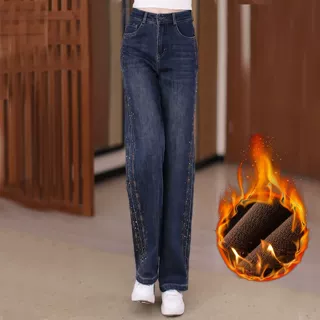 复古加绒烫钻阔脚裤牛仔裤女2025年冬季新款高腰直筒宽松显瘦长裤