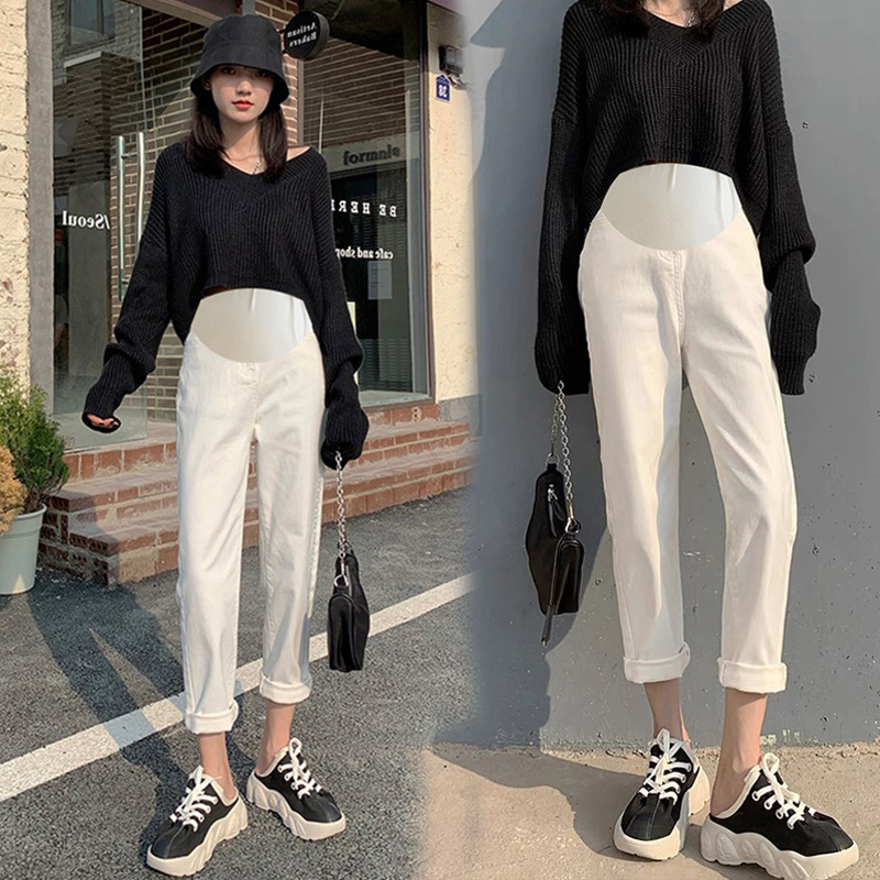 Pregnant Women's Pants Spring and Autumn Outer Wear Rice White apricot Jeans Loose Abdominal Pants Dad Pants Base Trendy Mom Long Pants
