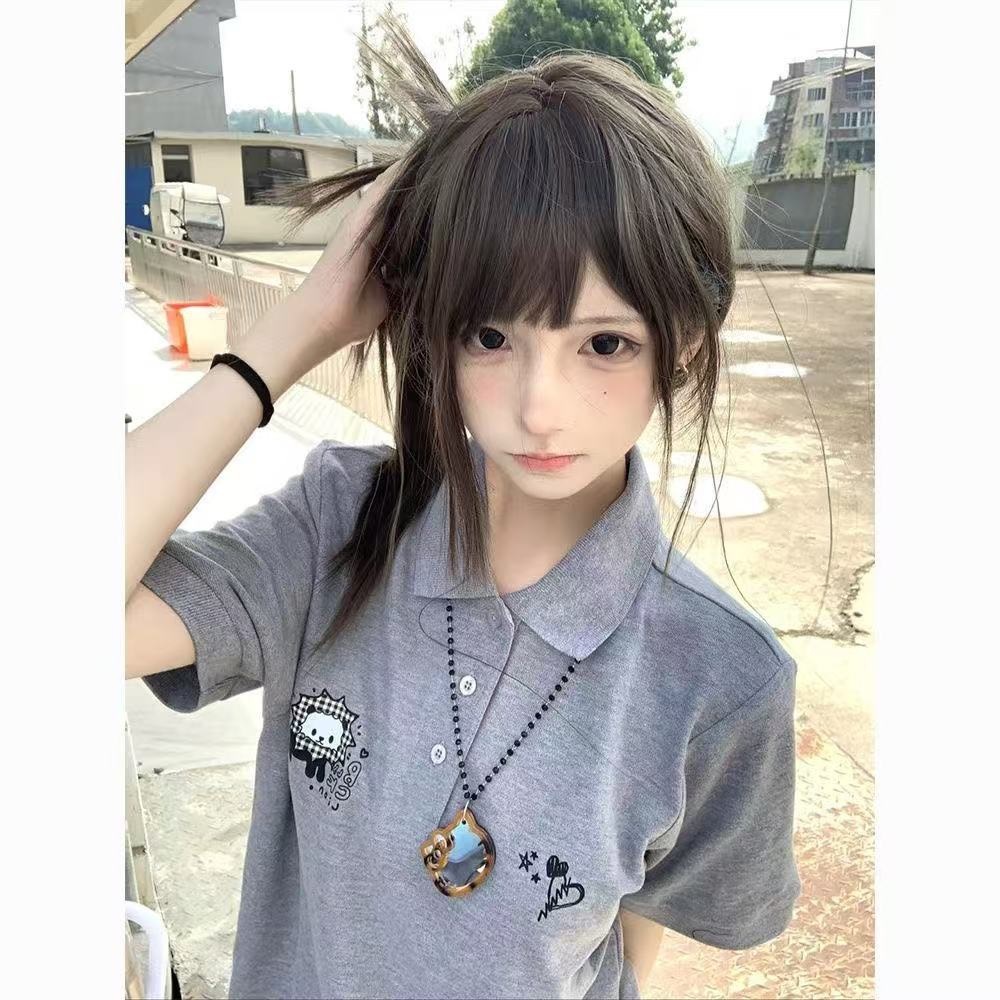 日系复古可爱正肩polo衫短袖t恤女夏季美式学院风设计感小众上衣