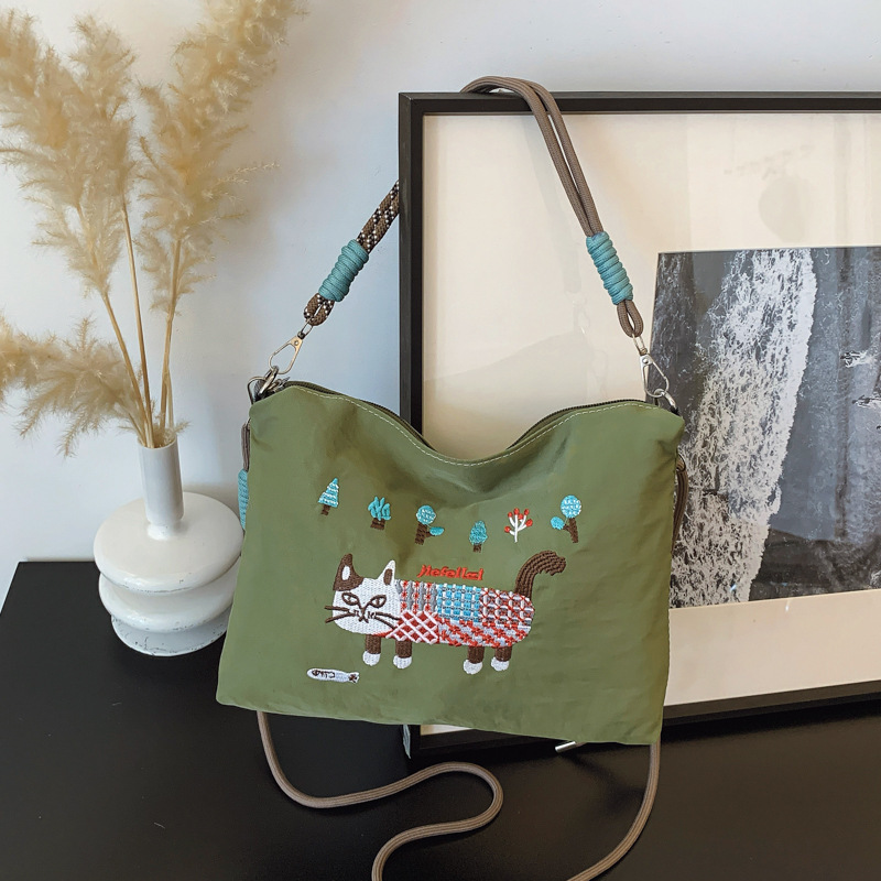 大容量春夏猫刺繍バッグ手提げ斜めショルダーバッグショッピングバッグ漫画ナイロンバッグ女|undefined