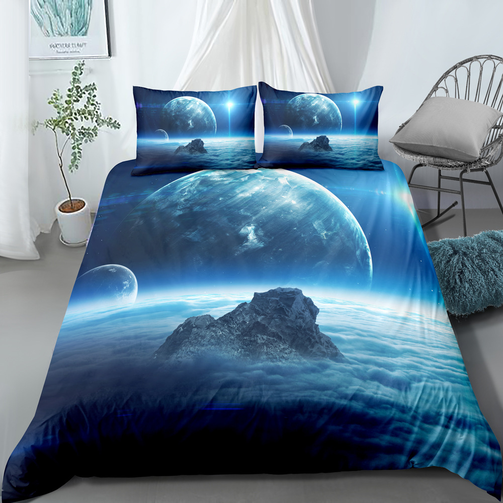 Ensemble de literie trois pièces ciel étoilé univers imprimé numérique, housse de couette et taie d'oreiller personnalisables_voghion.com