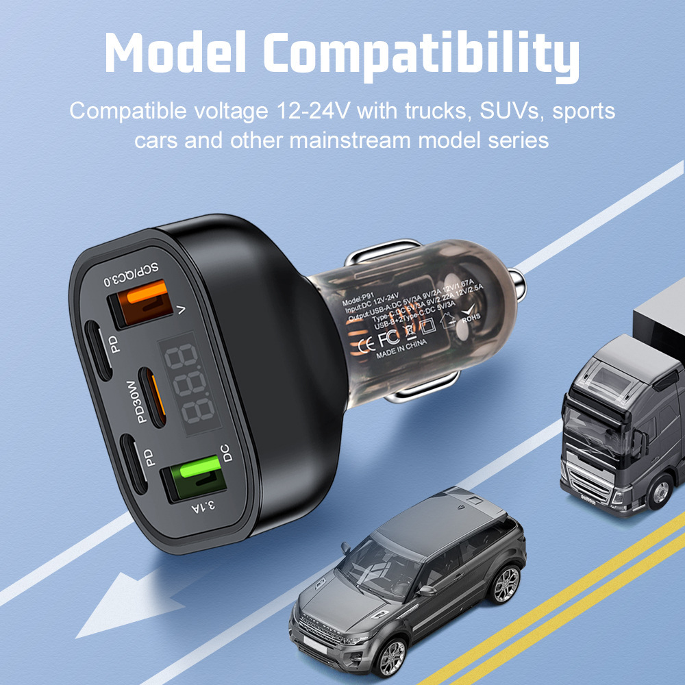 定制数显车载充电器超级快充头五口PD闪充适用安卓苹果大功率车充