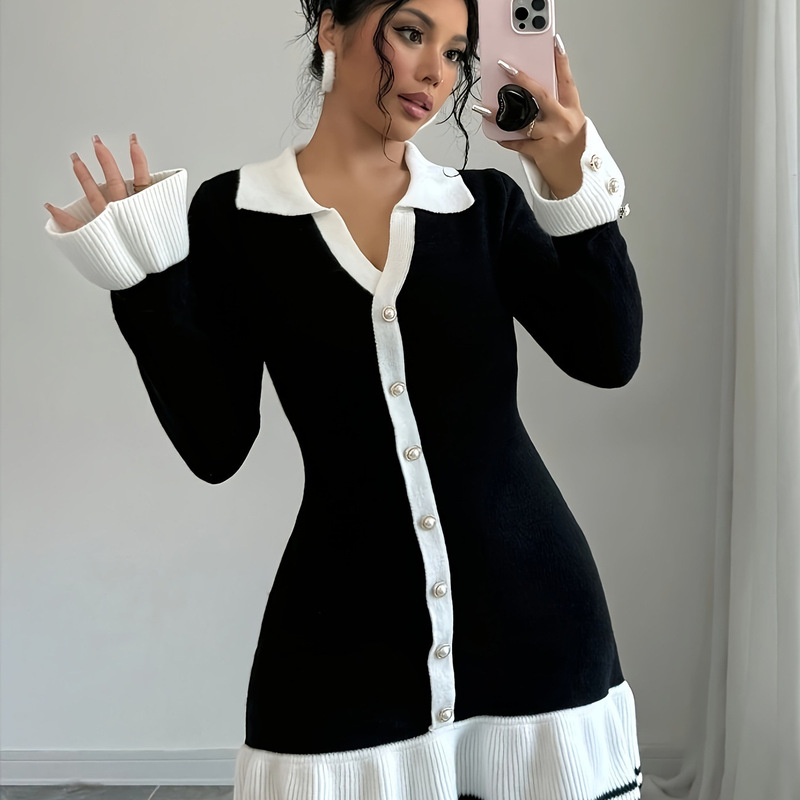 Knitted Long-Sleeved European and American Amazon New Ruffled Slim V-Neck Dress for Women with High-End Fragrance