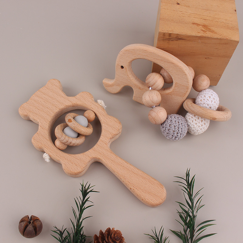 Beech Bear Bell Baby Molars Bracelet Handmade Beads Cartoon Handbell Juguetes para niños dos piezas