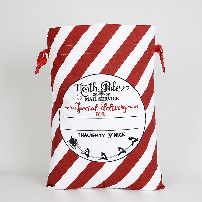 欧美跨境圣诞节圣诞袋红色条纹礼品袋子抽绳束口袋环保帆布袋定制