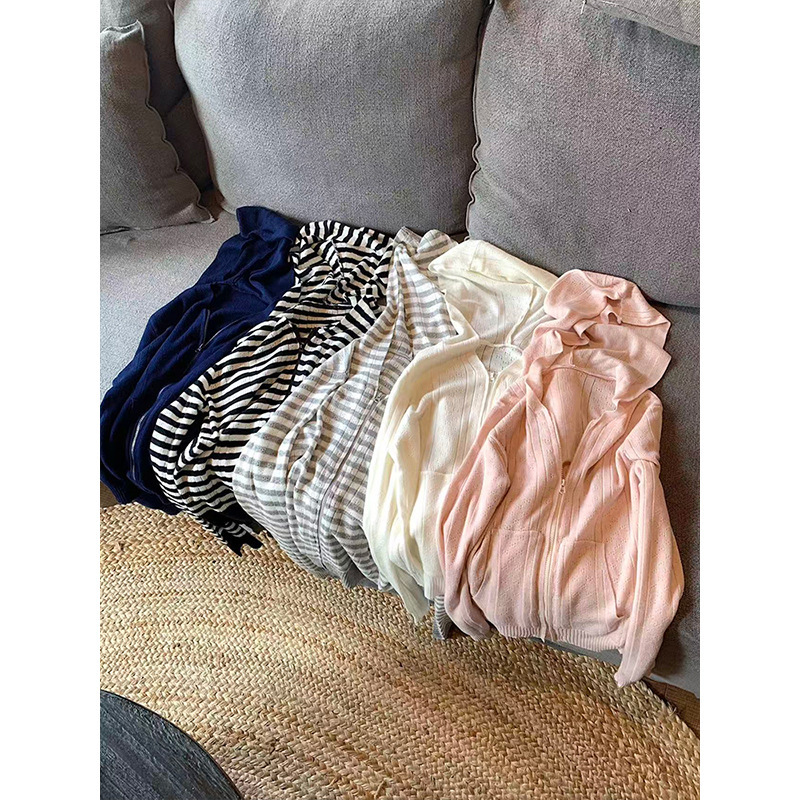 Magic Queen French-Style Ribbed Texture Striped Hooded Knit Cardigan Women's Sweater Coat with Zipper Long-Sleeve Top Magic Queen French-Style Ribbed Texture Striped Hooded Knit Cardigan Women's Sweater Coat with Zipper Long-Sleeve Top
