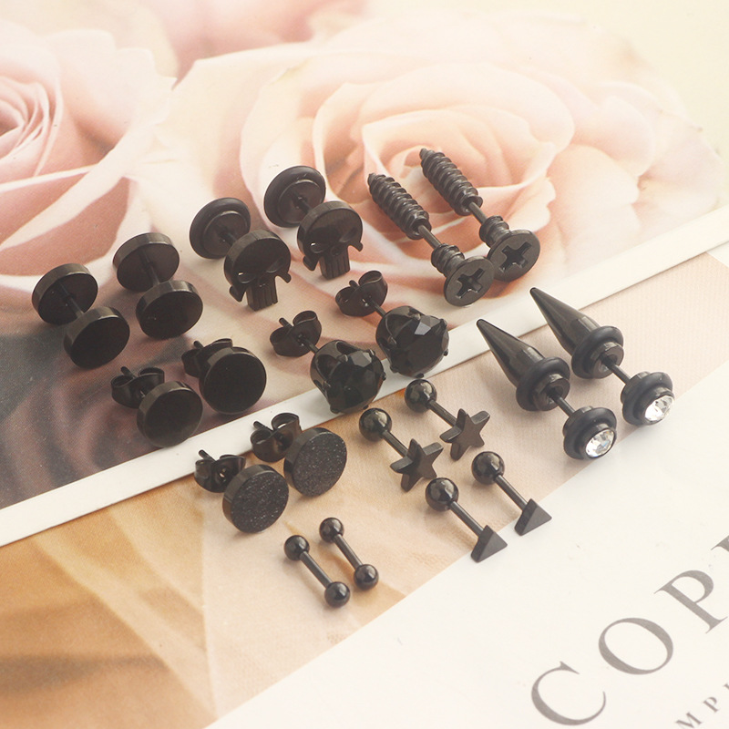 10 Pair Black Stud Round Barbell Earrings Set - Stainless Steel Men's Personality Piercing Studs detail image 10