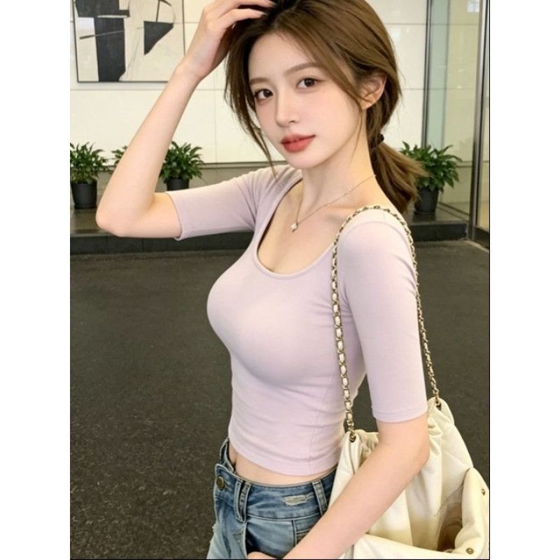 Hot girl low-neck short-sleeve T-shirt for women, summer slim-fit versatile pure desire tight-fitting slimming half-sleeve top