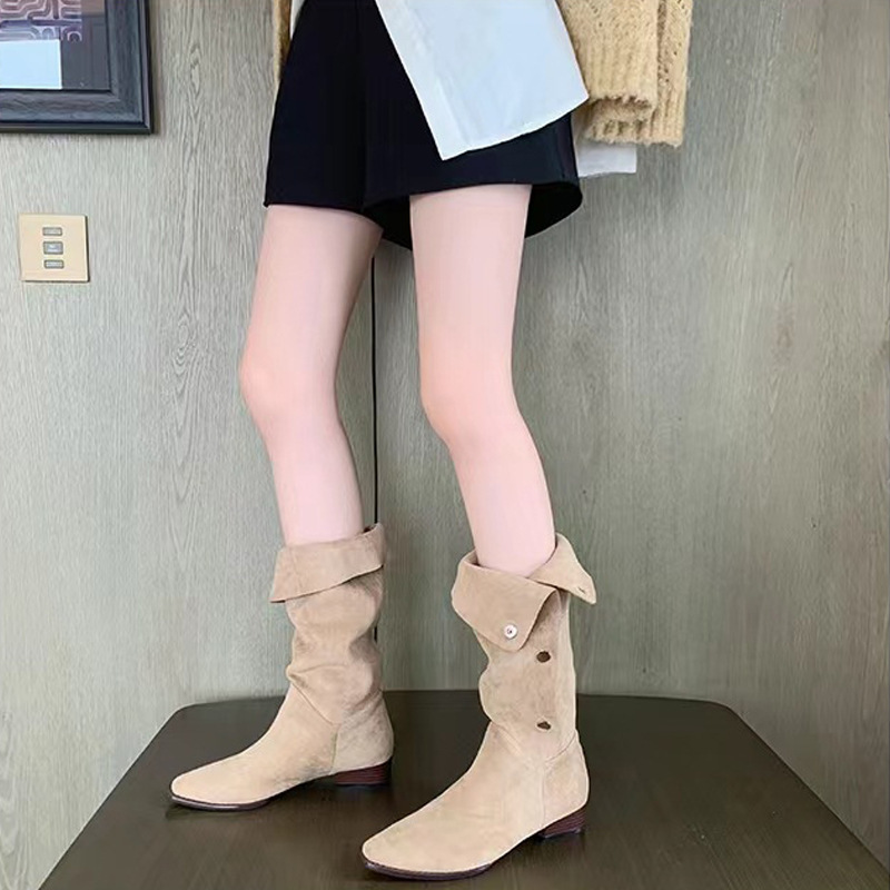 Grape Mom's New Autumn and Winter Style Spicy Girl Turn-Down Collar Pleated Stacked Boots Pointed Toe Mid-Length Western Cowboy Boots for Women