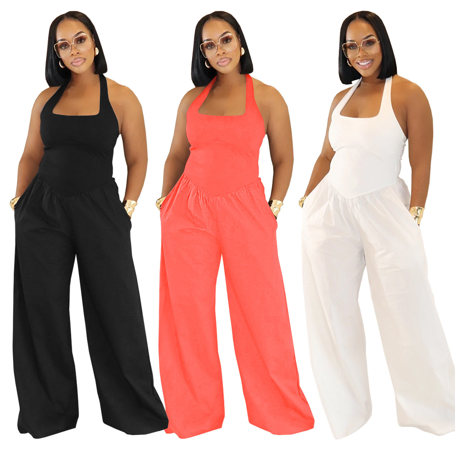 C7390 Cross-border AliExpress Amazon Ropa de mujer de moda europea y americana Mono de color sólido con cuello halter suelto casual