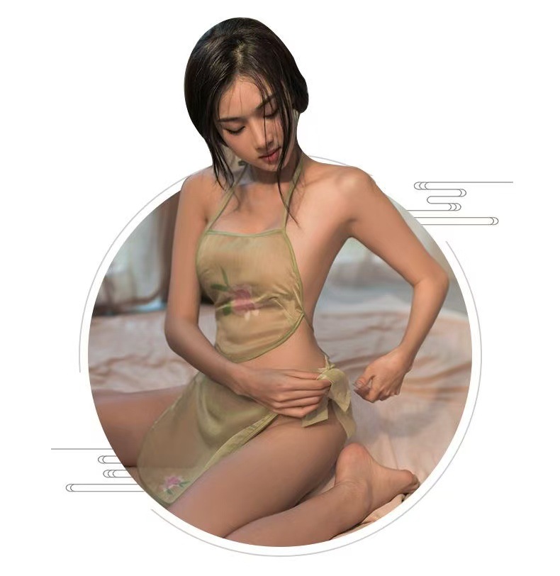 Classical Hanfu-Style Bellyband Lingerie Set, Sheer Pink Polyester, One Size — detail image 6
