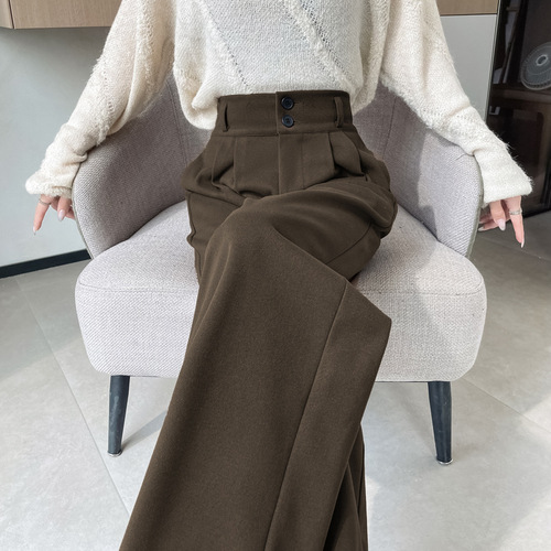 Ankerla Red Wool Blend Wide Leg Pants for Women Autumn/Winter High-Waisted Drape Melange Outfit for Petite Women Straight Leg Floor-Length Pants