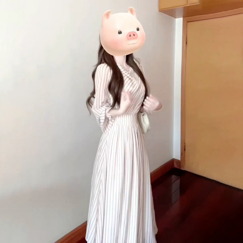 法式复古条纹长袖连衣裙子女早秋季2025新款今年流行海边度假长裙|undefined