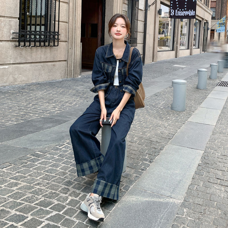 美式做旧牛仔套装欧货2025新款时尚休闲气质洋气外套阔腿裤两件套|undefined