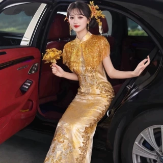 高端旗袍敬酒服2026新款金色流苏新娘结婚礼服回门晨袍中式订婚服