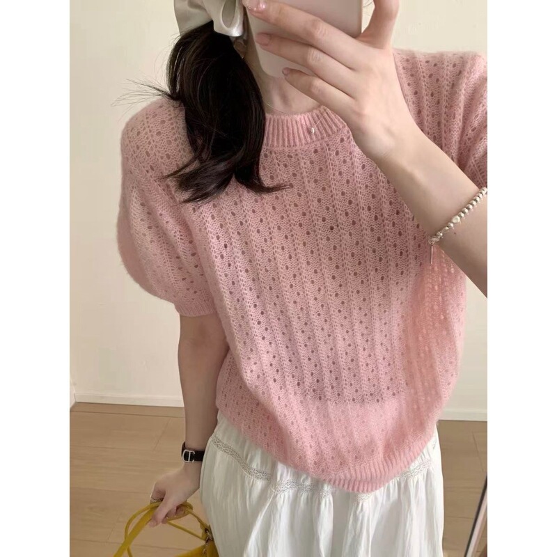 Korean-Style Trendy 2026 Spring Sweet Round-Neck Hollow-Out Design Versatile Slim-Fit Soft Knit Sweater for Women Dopamine