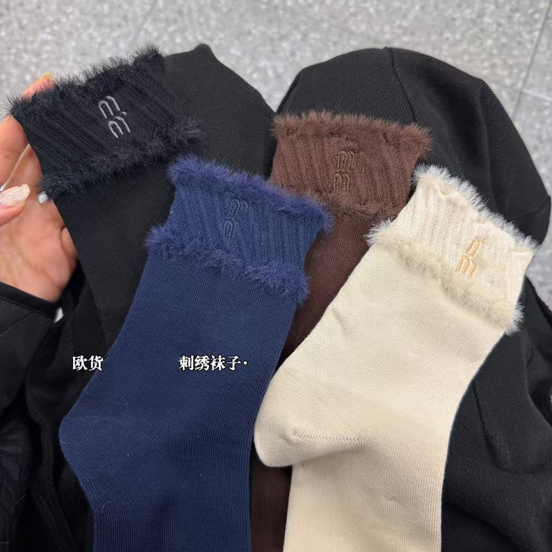 Autumn and Winter European Mohair Embroidered Letter Women's Socks Ins Trendy Western Style Mid-Tube Socks Thickened Warm Women's Socks Autumn and Winter European Mohair Embroidered Letter Women's Socks Ins Trendy Western Style Mid-Tube Socks Thickened Warm Women's Socks