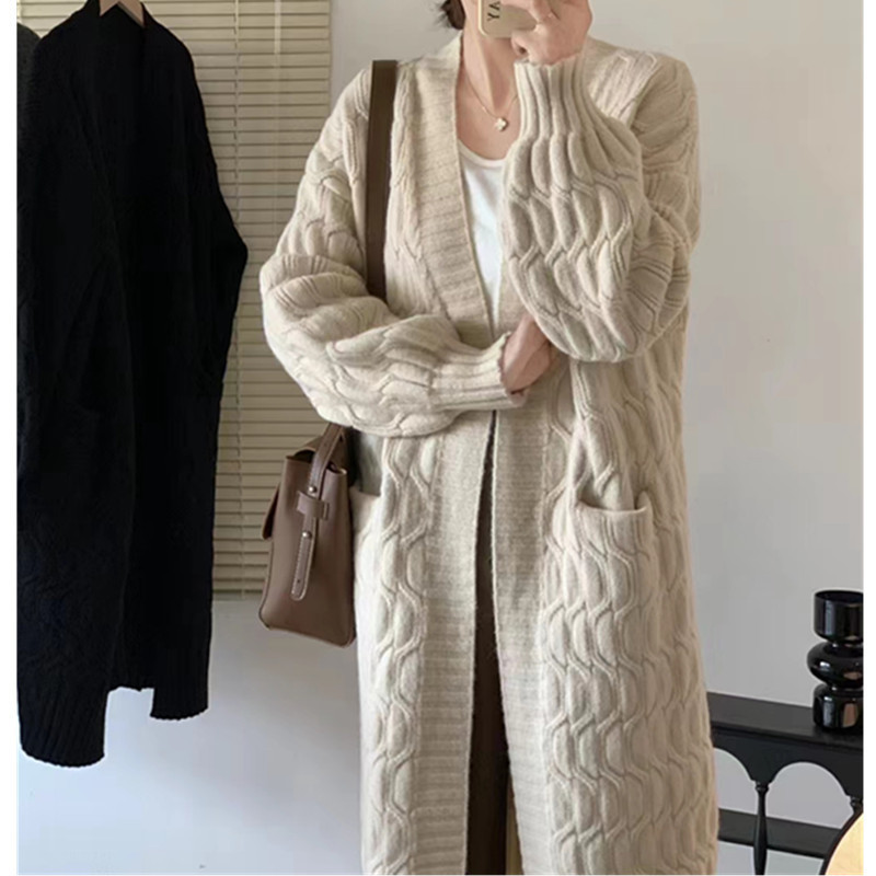 Korean V Neck Pure Color Cable Lazy Long Sweater Jacket Fashionable Elegant Gentle Wind Soft Waxy Women's Knitted Cardigan