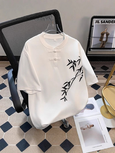 Summer New Chinese Style Bamboo Embroidery Short-Sleeve T-Shirt for Men, Design-Focused Loose Trendy Retro National Style Button-Down Tunic Top