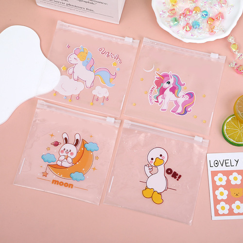 Transparent PE Snack Packaging Bag with Cute Cartoon Rubber Band Decorative Storage Bag for Unicorn Students Zipper Pouch