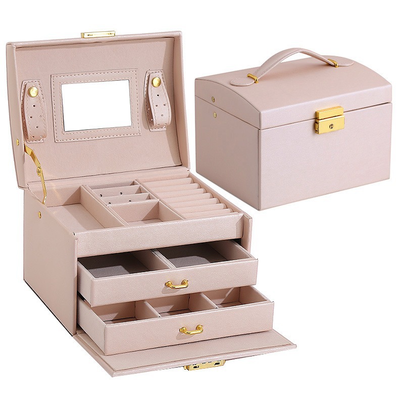 Tres capas transfronterizas pu caja de joyería de cuero doble cajón caja de joyería princesa caja de joyería al por mayor