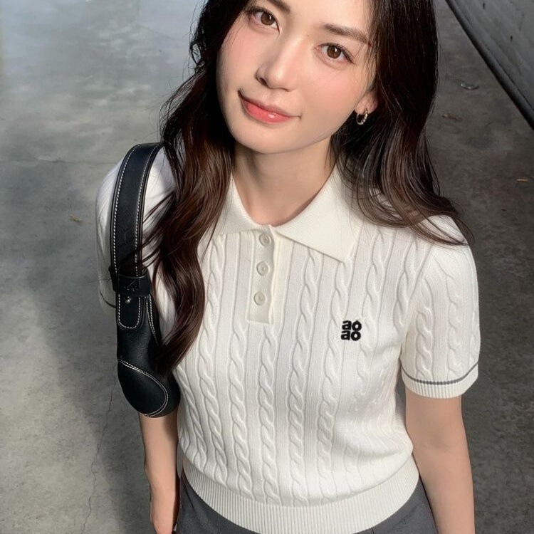 【Achock Official Store】Academy-Style Retro Slim-Fit Old Money Style Turn-Down Collar Short-Sleeve Polo Knit Shirt t 【Achock Official Store】Academy-Style Retro Slim-Fit Old Money Style Turn-Down Collar Short-Sleeve Polo Knit Shirt t