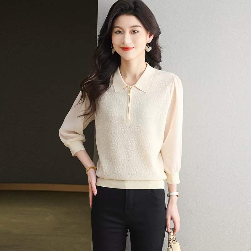 Design shiffon knitted spring sweater with zipper, thin T-shirt, trend of season