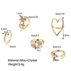 Cross-border cross-triangle heart full diamond butterfly ring set 5 pieces creative retro women's joint ring