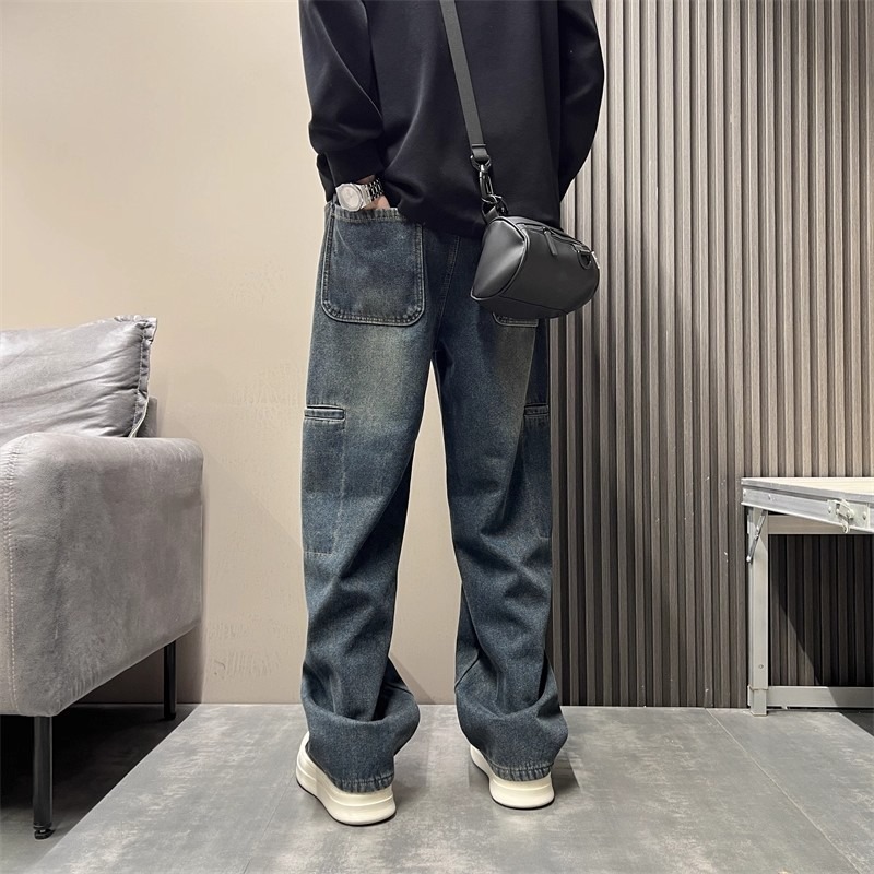Men's Smoky Gray Washed Retro Straight Leg Jeans Style High Street Loose Fit Trendy Slimming Casual Slightly Flared Trousers_mkmklike.com