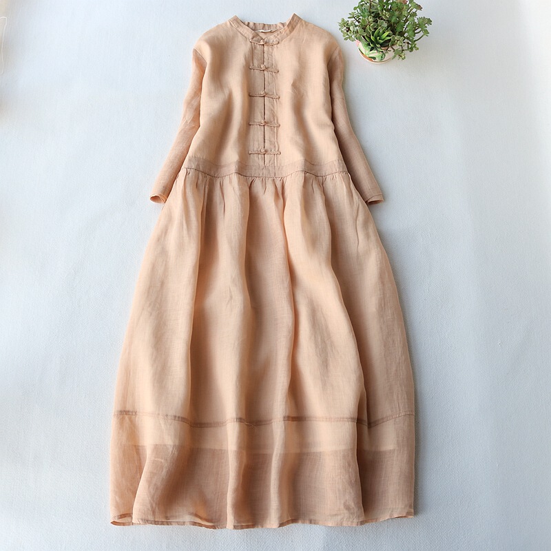 Loose Literary Ramie Dress for Women in Spring and Summer, Small Stand-Up Collar, Retro Buckle, Slim and Elegant, Fairy-Beautiful Long Skirt