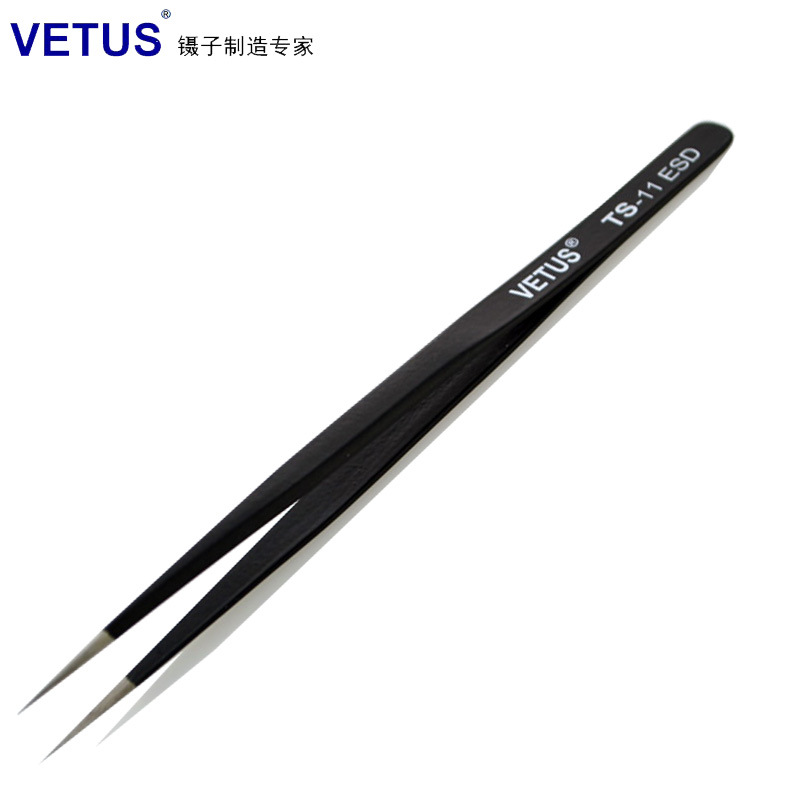 VETUS镊子 精密不锈钢黑色夹持工具尖头镊子 TS-11ESD