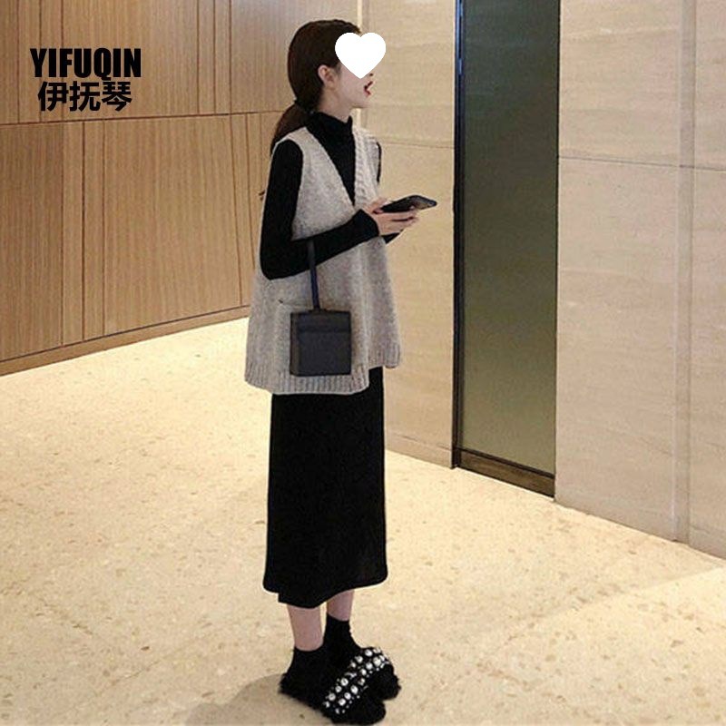 单件/套装春春新款连衣裙配马甲毛衣两件套装温柔风复古气质长裙